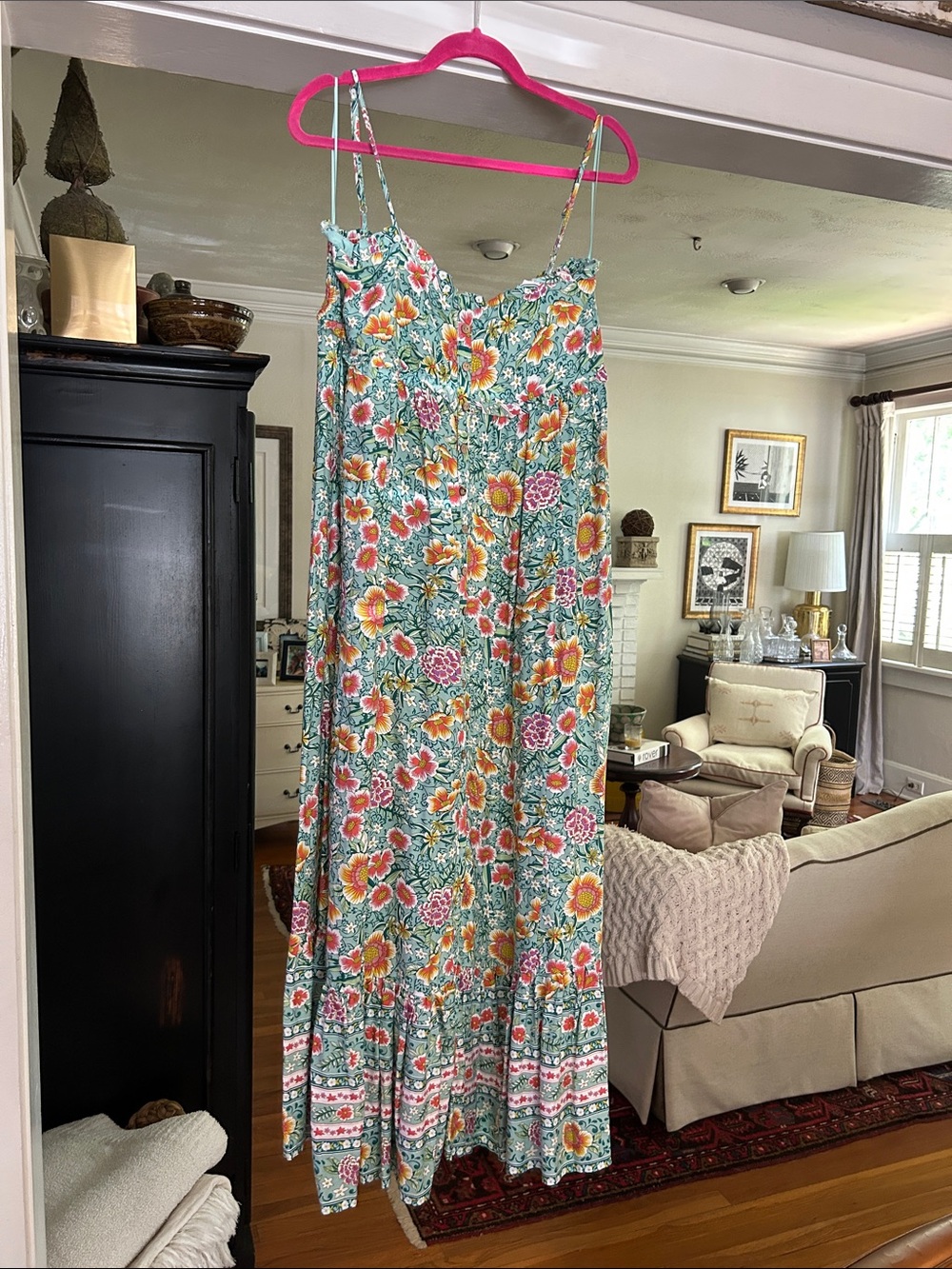 Floral Maxi Sundress in Aqua with Pink & Yellow Blooms